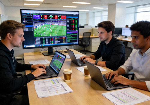 球探比分团队工作场景 - 数据分析师正在处理体育赛事数据